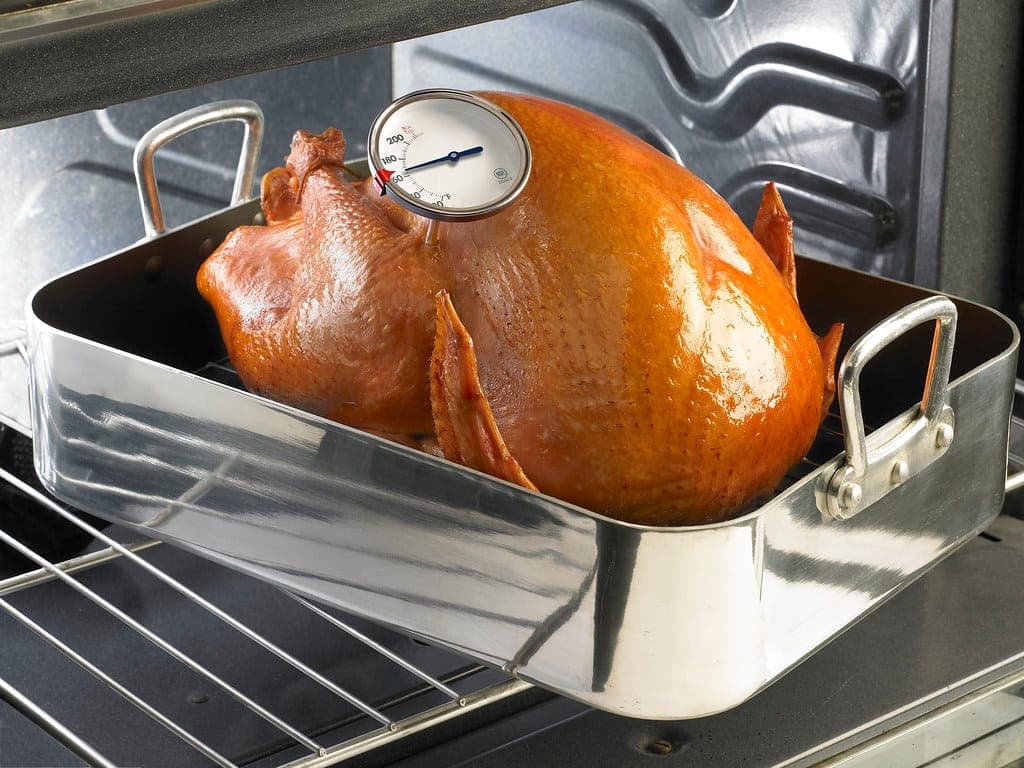 A roasted turkey in a roasting pan with a dial meat thermometer inserted into the breast
