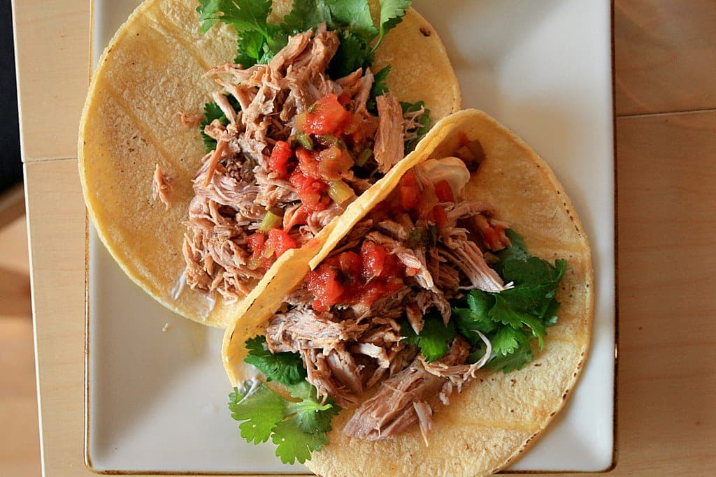 Two corn tortillas topped with shredded pork carnitas, diced tomato and cilantro